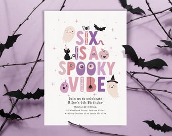 May include: A purple and pink Halloween party invitation with the text "Six is a Spooky Vibe" and cute cartoon characters. The invitation includes the date, time, and location of the party.