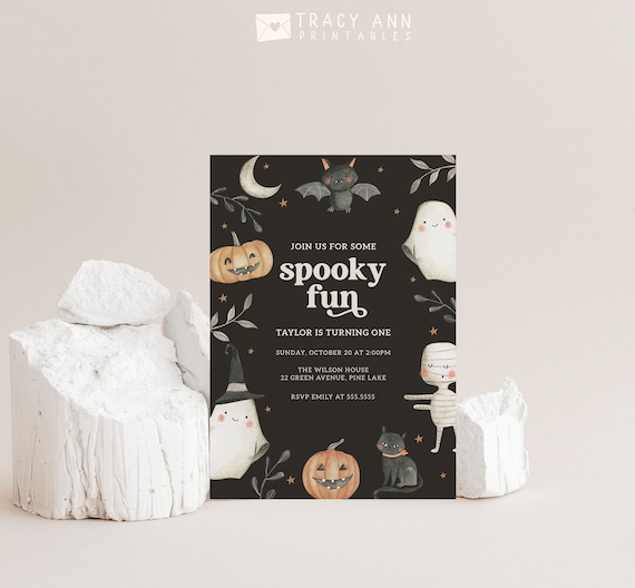 Spooky 1st Birthday Party Invitation Template Cute Ghost Spooky One Invite Editable Printable Fall Bday Pumpkins Black Cat Bat B103