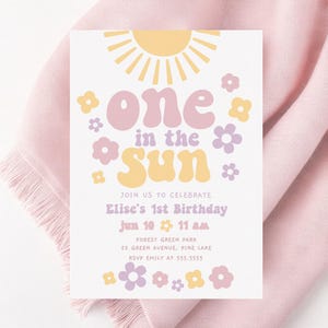 Girl 1st Birthday Invitation, One in the Sun Invitation, Pink and Yellow Summer Birthday Invitation Template. Editable 1st Birthday B369