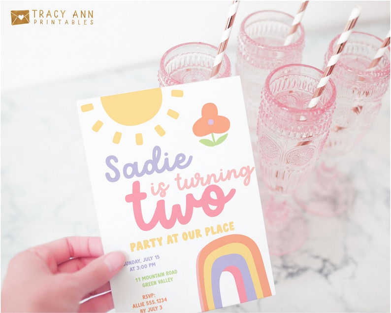 2nd Birthday Invitation Girl Birthday Party Editable Invitation Template Rainbow Second Birthday Invitation Pastel Girl Birthday 8361 image 5