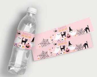 Halloween Water Bottle Labels, Spooky Girl Birthday Party Bottle Wrapper Template, Printable Ghost Birthday Party Decorations B420