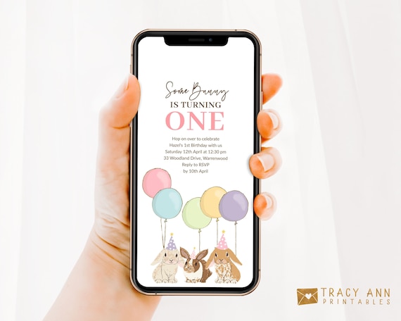 Bunny Birthday Phone Invitation | Girl 1st Birthday Evite Template | Rabbit Bunnies and Balloons Birthday Invite Mobile Texting SMS 8137