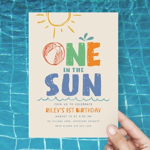 One in the Sun-uitnodiging, jongen 1e verjaardagsuitnodiging, Pool Party eerste verjaardagsuitnodiging, zomer 1e verjaardagsfeestje Evite-sjabloon B762