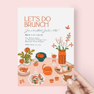 May include: A brunch invitation featuring a colourful illustration of a table setting with food, drinks, and flowers. The text reads "Let's Do Brunch" and "Join us to celebrate Jackie's 40th!" March 12 at 11:30 am. The Wilson Home, 14 Woodland Village Lane, Mountain View Heights. RSVP David 355.1334.