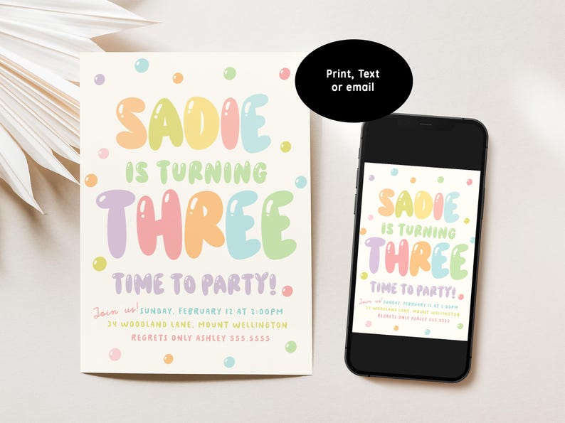 Balloon 3rd Birthday Invitation, Girl Third Birthday Party Invite