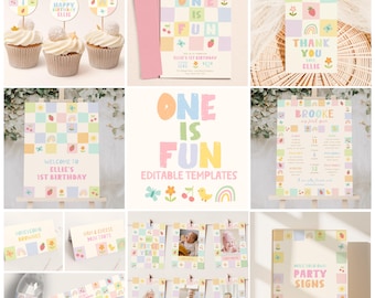 May include: A collection of editable birthday party templates featuring a pastel checkered pattern with icons of suns, rainbows, flowers, strawberries, and butterflies. The set includes invitations, cupcake toppers, thank you cards, welcome signs, milestone boards, food labels, photo banners, and party signs with text.