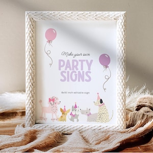 Puppy Birthday Party Signs, Printable Dog Party Sign Template, Girl Birthday Party Decorations, Editable Pawty Table Signs B936