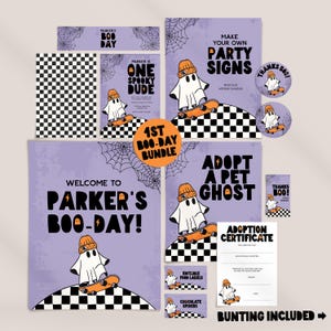 Pacote de convites &quot;One Spooky Dude&quot; com lembrancinhas temáticas de fantasmas de skate para imprimir, placas de festa e decorações para o primeiro aniversário de um menino B424