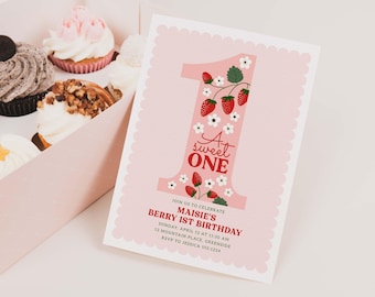 Puede incluir: Una invitación rosa y blanca con un gran número uno decorado con fresas y flores. El texto dice "A sweet one" e incluye los detalles de la fiesta de cumpleaños de Maisie.