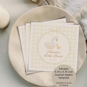 May include: Square cocktail napkins with a light yellow gingham pattern and a watercolor illustration of a mother goose and gosling. The napkins are 4.75 x 4.75 inches and are for a baby shower. Text on the napkin reads "Hannah's Baby Shower".