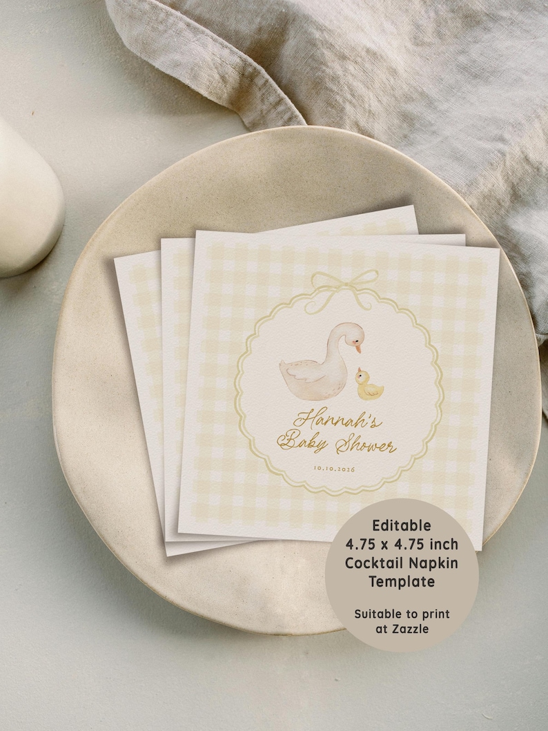 May include: Square cocktail napkins with a light yellow gingham pattern and a watercolor illustration of a mother goose and gosling. The napkins are 4.75 x 4.75 inches and are for a baby shower. Text on the napkin reads "Hannah's Baby Shower".