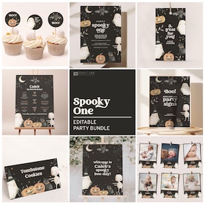 Pacchetto di inviti Spooky One, set di decorazioni per la festa di Halloween del primo compleanno, modello di invito modificabile per il primo compleanno a tema fantasma, bomboniere B103