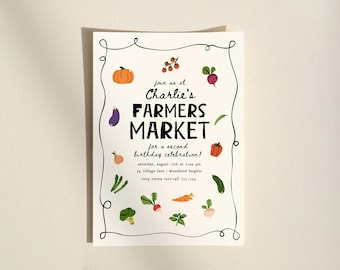Verjaardagsuitnodiging boerenmarkt, bewerkbare boerenmarkt sjabloon 2e verjaardagsfeestje, groenten en fruit Evite C056
