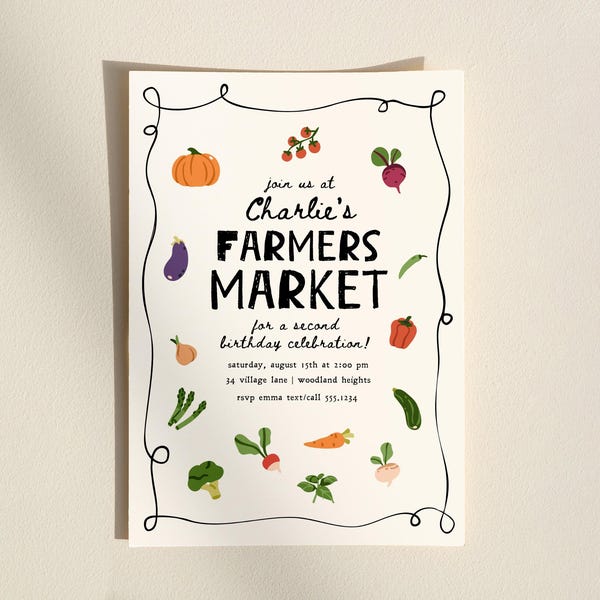 Invitación de cumpleaños para el mercado de agricultores, plantilla editable para fiesta de segundo cumpleaños en el mercado de agricultores, frutas y verduras (Evit C056)