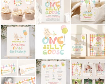 One Silly Goose Invitation Bundle, Girl 1st Birthday Party Invitation Set, Goose Birthday Decorations Printable B984