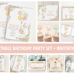 Set per festa di compleanno di coniglio Invito modificabile e decorazioni per feste stampabili per ragazza Modello per il terzo compleanno Pacchetto di stampabili per il compleanno di coniglio 4185