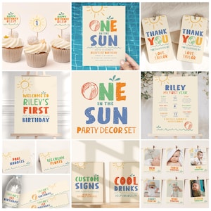 Eins in der Sonne Einladungs-Set, Handgezeichnetes Pool 1.Geburtstags-Party Einladungs-Set, Druckbare Sommer Erster Geburtstag Dekorationen B762