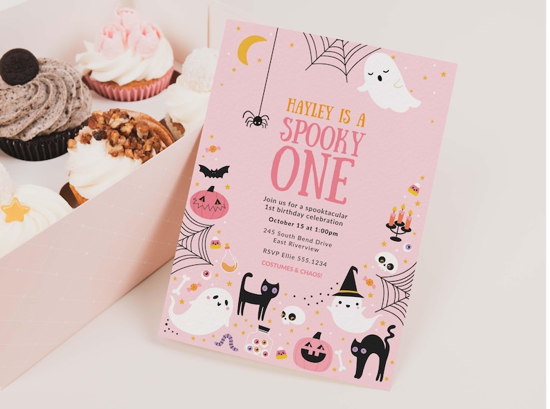 Pink Spooky Birthday Invitation, Girl Halloween Birthday Invitation