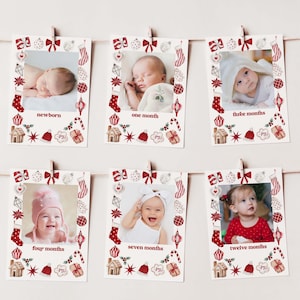 Christmas 1st Birthday Photo Banner, Editable Monthly Photos Bunting Printable, Holiday Girl First Birthday Milestone Banner Template B210