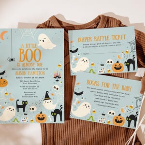 Faire-part d'Halloween pour baby shower et cartes de visite, faire-part de baby shower effrayant garçon, carte de livres pour bébé, billet de tombola de couches B446