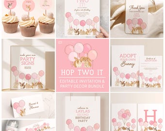 May include: A collection of pink and white party decorations featuring bunny illustrations and the text "Hop Two It!" Includes invitations, cupcake toppers, signs, and banners, perfect for a second birthday party.