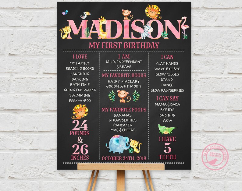Birthday Poster Printable 1069 Pink Zoo Celebration Poster Safari Animal 1st Birthday Safari 1st Birthday Poster DIY