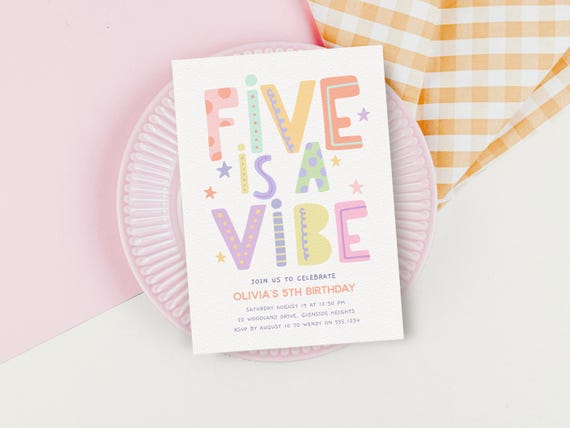 Five is a Vibe Invitation, Girl 5th Birthday Party Invite Template C214