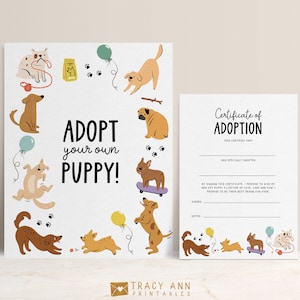 Adopt A Puppy Game Printable Dog Birthday Party Decorations Adoption Certificate and Sign Puppies Party Decor Minimalist B110