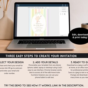 May include: A laptop computer screen displaying a digital invitation template with a cute cartoon goose and the text "Olivia is One Little Goose!" The screen also shows three steps to create the invitation: select your design, add your details, and ready to go.