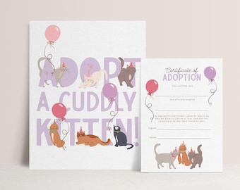 Adopt a Cat Party Game, Adopt a Kitten Sign, Cat Adoption Certificate, Cat Birthday Activities, Girl Birthday Printables B926