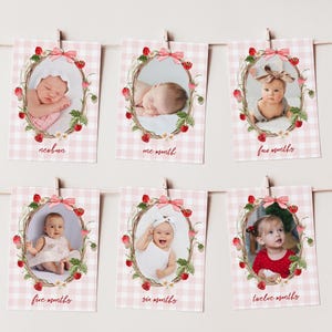 Girl 1st Birthday Photo Bunting, Strawberry Milestone Photo Banner, Berry First Birthday Decorations Printable, Monthly Photos Template B571