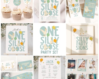 One Silly Goose Invitation, Boy 1st Birthday Party Decorations, Goose 1st Birthday Invitation Bundle, Printable  B928