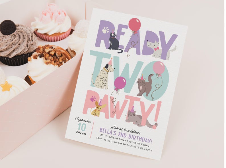 May include: A birthday party invitation with the words "READY TWO PAWTY!" and illustrations of cats and dogs with balloons. The invitation includes the date, time, and party details. Cupcakes in a pink box are in the background.