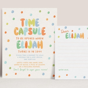 Cápsula del Tiempo de Burbujas para el Primer Cumpleaños, Plantilla de Cápsula del Tiempo con Letras de Globo, Letrero Imprimible para el Primer Cumpleaños de Niño y Tarjetas de Notas B913