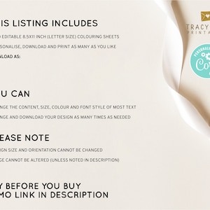 May include: A digital download listing for two printable 8.5x11 inch coloring sheets. The listing includes instructions for personalizing, downloading, and printing the sheets. The text "Tracy Ann Printables" and "Personalize with Coril" is also visible.