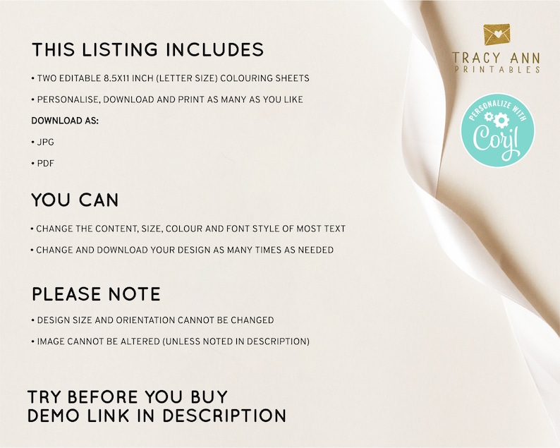 May include: A digital download listing for two printable 8.5x11 inch coloring sheets. The listing includes instructions for personalizing, downloading, and printing the sheets. The text "Tracy Ann Printables" and "Personalize with Coril" is also visible.