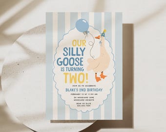 Two Silly Goose Birthday Invitation, Boy 2nd Birthday Invitation Template, Editable Evite B878