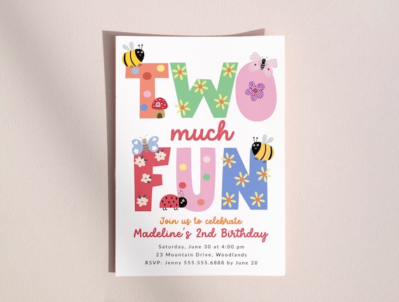 Two Much Fun Invitation, Girl 2nd Birthday Party Invite Template Digital Download B378