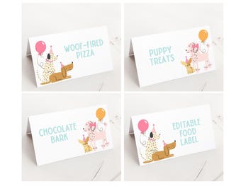 May include: Four white folded cards with illustrations of dogs and text. The cards read "Woof-fired Pizza", "Puppy Treats", "Chocolate Bark", and "Editable Food Label". Each card features a different dog design with party hats and balloons.