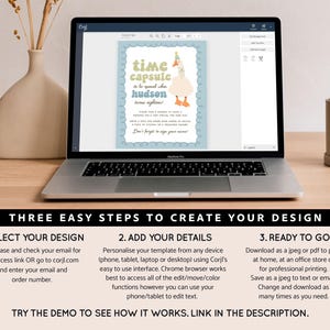 May include: A blue and white printable time capsule invitation with a cartoon goose and the text "Time Capsule is to be opened when Hudson turns eighteen!"