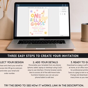 以下が含まれることがあります： ラップトップには、「ONE SILLY GOOSE」というテキストとイベントの詳細が記載されたカラフルな招待状のデザインが表示されています。画像には、デザインの選択や印刷など、招待状の作成手順も示されています。