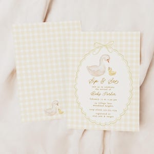 May include: A yellow and white gingham baby shower invitation with a watercolor illustration of a swan and a duckling. The text reads "Sip & See, Join us to celebrate the arrival of Baby Parker, February 12 at 1:00 pm, 10 Village Lane, Woodland Heights, RSVP Allison 111-333-1111, Registered at etsy.com & target"