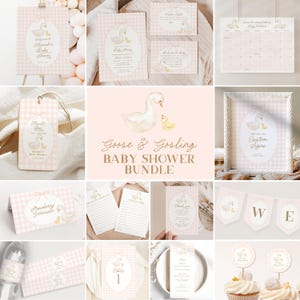 Goose Baby Shower Invitation Set, Pink Gingham Girl Baby Shower Decorations Bundle, Mother Goose and Gosling Baby Shower Decor B866