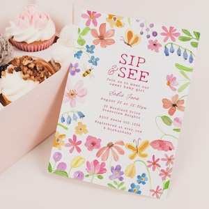 Wildflower Sip and See Invitation, Spring Girl Sip and See Invite, Girl Baby Shower Invitation Template, Editable Baby Sprinkle Evite B965