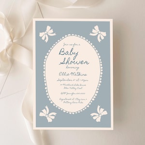 Junge Babypartyeinladung, blaue Bogen-Babyparty einladen, handgeschriebene Babypartyeinladungsvorlage, bearbeitbares Baby Sprinkle Evite C044