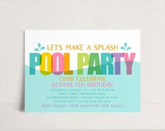 Pool Party Invitation Template, Printable Birthday Invite, Summer Birthday, Swim party Evite, Rainbow Girl Birthday Invitation Editable B345
