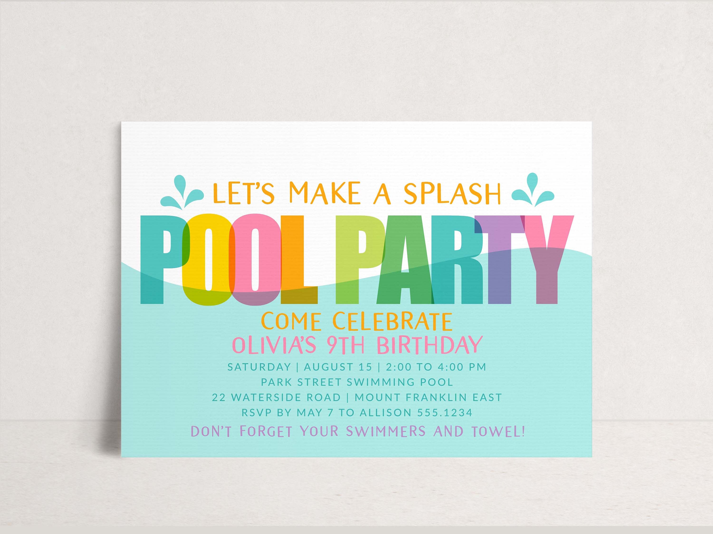 Pool Party Invitation Template, Printable Birthday Invite, Summer Birthday, Swim party Evite, Rainbow Girl Birthday Invitation Editable B345