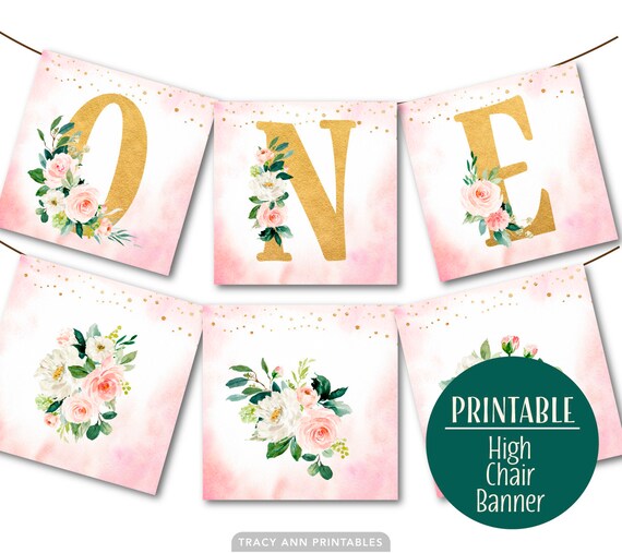 Floral 1st Birthday Banner Flower Decor Pink and Purple Birthday Bunting Instant Download 1587 ONE High Chair Banner