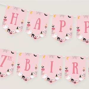 Halloween Birthday Bunting, Spooky Girl Birthday Banner, Halloween Happy Birthday Banner Template, Printable Ghost Party Decor B420