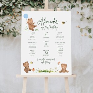 Affiche anniversaire 1er anniversaire ours, modèle de carte étape étape ours en peluche, décoration de fête 1er anniversaire garçon, tableau de statistiques premier anniversaire Beary B078